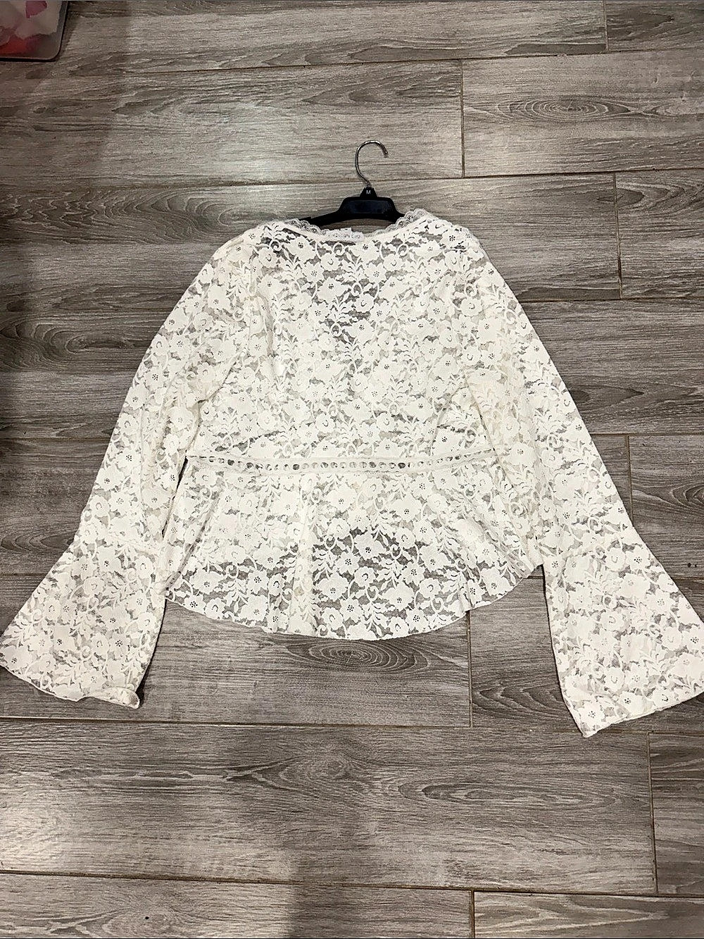 AND NOW THIS Lace Bell-Sleeve Button-Front Top White XL - Picture 3 of 6